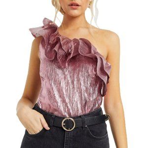 ASOS pink metallic one shoulder ruffle bodysuit